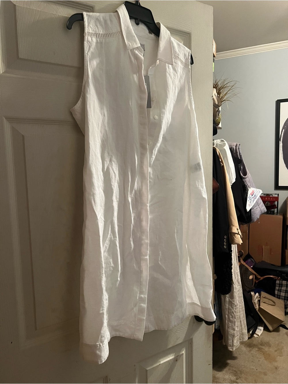 Sleeveless White Button-Front Shirt Dress